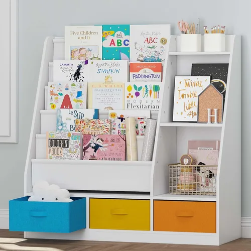 Miniatura 8 de UTEX Estantería infantil de 5 niveles con cubos de almacenamiento, estantería de madera para niños, estante Montessori para niños pequeños, aula