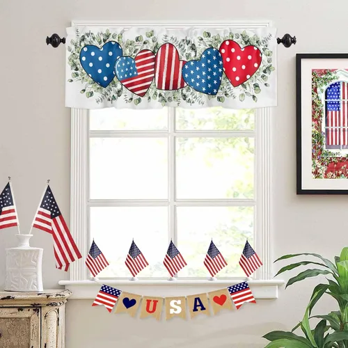 Miniatura 3 de Cortina de cenefas para el 4 de julio, diseño de corazón y bandera americana, cortina patriótica para ventanas de cocina, rojo, blanco y azul