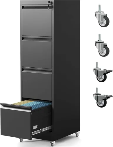 Miniatura 13 de Archivador de 4 cajones con ruedas, archivador de metal con cerradura y ruedas, almacenamiento rodante para oficina en casa, archivadores verticales
