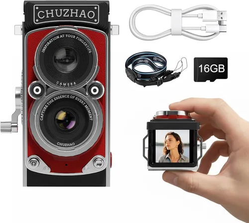 Miniatura 9 de CHUZHAO - Cámara digital retro con sello de tiempo, estilo TLR portátil vintage 1080p, video FHD de 12 MP, fotos de enfoque automático, mini cámara