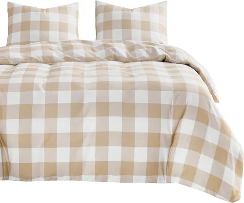 Wake In Cloud - Juego de edredón Gingham, a cuadros de búfalo, geométrico Cottagecore lindo, ropa de cama suave y ligera, 3 piezas, beige, tamaño