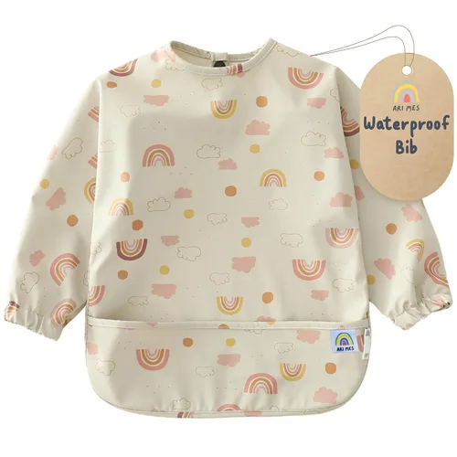 ARI MES Baberos impermeables de manga larga para bebés para comer - Arcoíris, pequeño - Vestible, cubretodo para niño pequeño, babero de manga