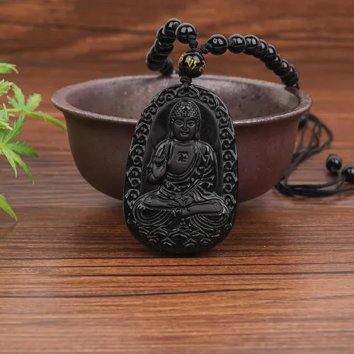 Miniatura 3 de Obsidian Guardian Buddha Amulet - Zodiac Feng Shui Necklace, symbolizing wisdom and wealth