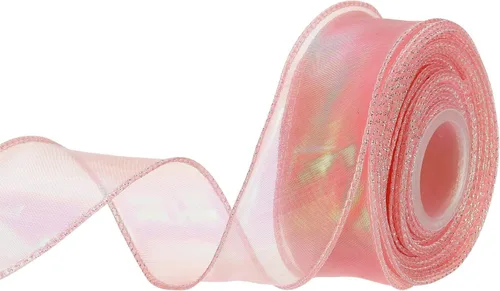 Miniatura 75 de MECCANIXITY - Cinta de organza con cable de 1 1/2" de ancho, brillante, transparente, con brillo irisado en tonos pastel, cinta de gasa para Beige