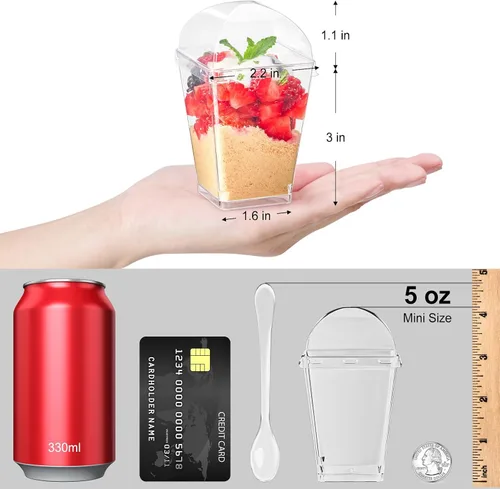 Miniatura 2 de TOFLEN Paquete de 100 tazas de postre de plástico de 5 onzas con tapas de cúpula para fiestas, mini tazas de postre con cucharas, taza disparadora