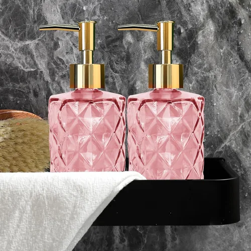 Miniatura 7 de Paquete de 2 dispensadores de jabón de vidrio rosa, 11.2 fl oz/11 oz, dispensador de acondicionador de ducha de baño con bomba dorada, botella