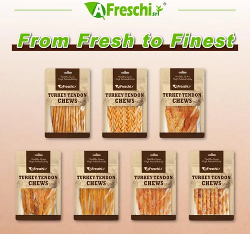 Miniatura 7 de AFreschi Tendones de Pavo para Perros, de Origen Estadounidense, Golosinas Saludables para Perros, Masticables para Cachorros Sin Cuero Crudo
