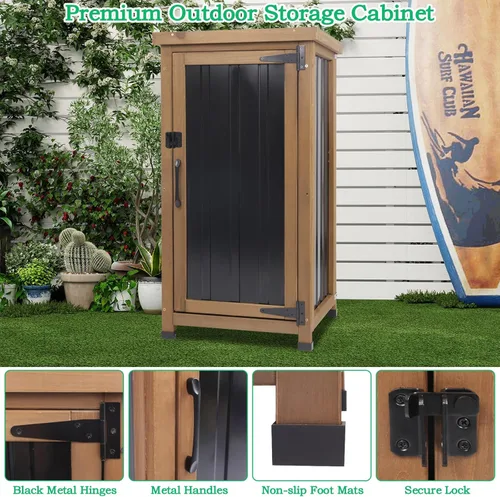 Miniatura 4 de Gabinete de Almacenamiento Pequeño para Exteriores Resistente a la Intemperie, Mesa de Banco de Jardín de Madera para Macetas con Estantes
