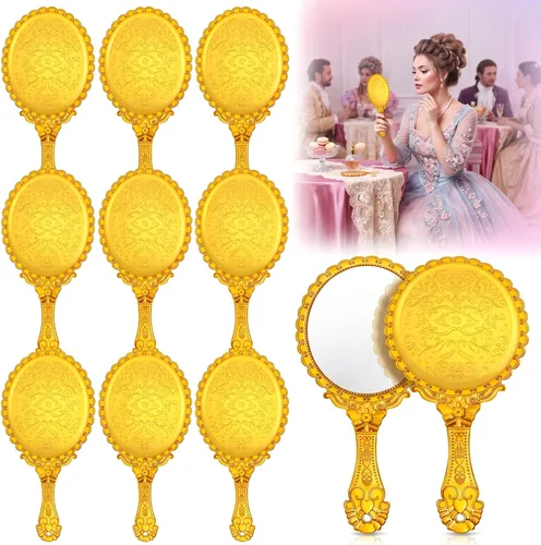 Qunclay 12 piezas espejos de mano vintage con mango, 9.8" L x 4.5" A espejos pequeños portátiles con relieve dorado al por mayor para recuerdos de