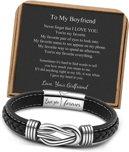Miniatura 25 de Pulseras de nudo JoycuFF Regalos para hombres Marrón cuero trenzado acero inoxidable pulseras de infinito con inscripción Amor eterno Regalos