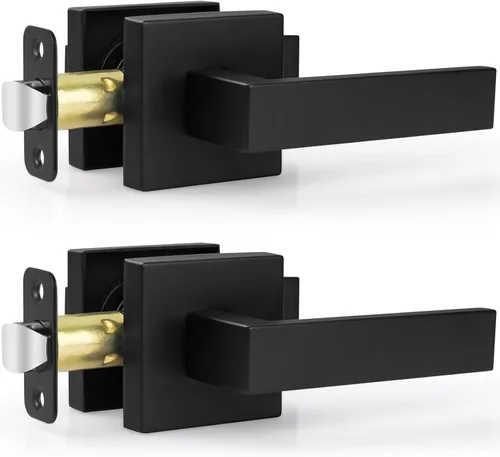 Estmoon Paquete de 2 palancas de puerta de paso, pomos de puerta negros mate, manijas de puerta cuadradas para interiores, palancas resistentes sin