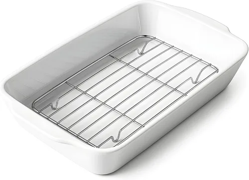 Miniatura 12 de HOMBENE - Cacerola blanca de 1.2 cuartos de galón, bandeja para lasaña para horno, utensilios para hornear, pequeña fuente de cerámica para hornear