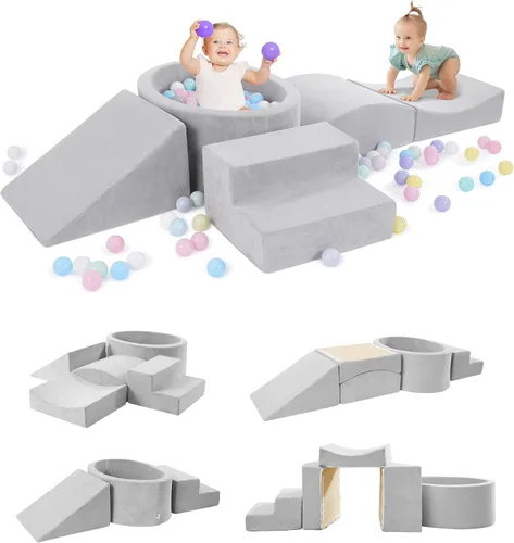 Elftopia Bloques de Escalada de Espuma con Fosa de Pelotas Diseñados para Niños Pequeños de 1 a 3 Años - Excelente para Gatear en Interiores, gris-5