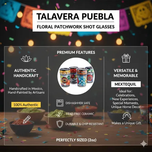 Miniatura 2 de Juego de 4 vasos de chupito Talavera auténticos mexicanos para tequila - Pintados a mano - 2 Oz (Talavera colorida)
