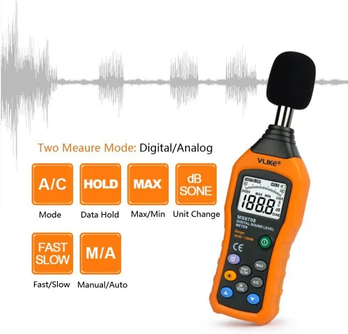 Miniatura 5 de Medidor de nivel de sonido Vlike LCD Digital audio sonido decibeles nivel de ruido Monitor dB Medición de 30 dB a 130 dB de ruido registro de fecha
