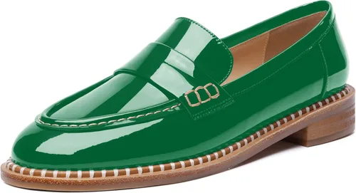 Miniatura 15 de FOGEENA Mocasines de tacón bajo para mujer, estilo casual, puntera redonda, de charol grueso, de 1 pulgada