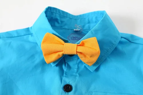 Miniatura 4 de Kimocat Conjunto de traje casual de verano para bebé y niño manga corta pajarita tirantes y pantalones cortos