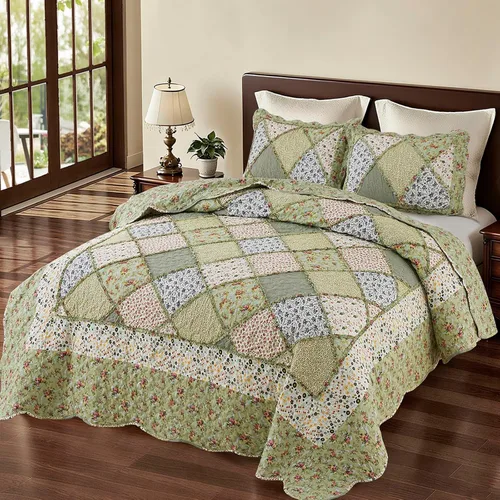 Miniatura 9 de VIVILINEN Juego de edredón de retazos florales azules, tamaño matrimonial, juego de ropa de cama de 3 piezas con 2 fundas de almohada