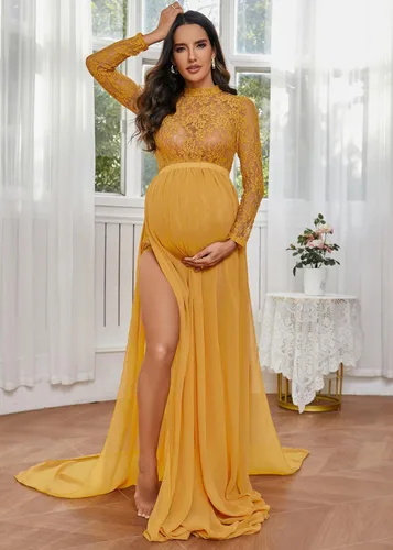 Miniatura 2 de ZIUMUDY Vestido de manga larga con encaje transparente para maternidad para fotografía con falda maxi de gasa para sesión de fotos