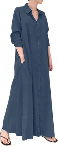 Vestido largo casual para mujer, talla grande, algodón, lino, color sólido, holgado, cómodo, para otoño e invierno, vestido largo tipo camisa con