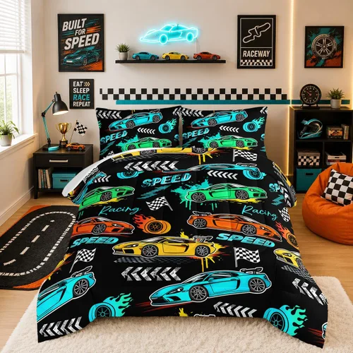 Miniatura 18 de HOSIMA Edredón de Coche de Carreras de Dibujos Animados para Niños para Decoración de Cama de Coche de Carreras, Juego de Ropa de Cama para Niños