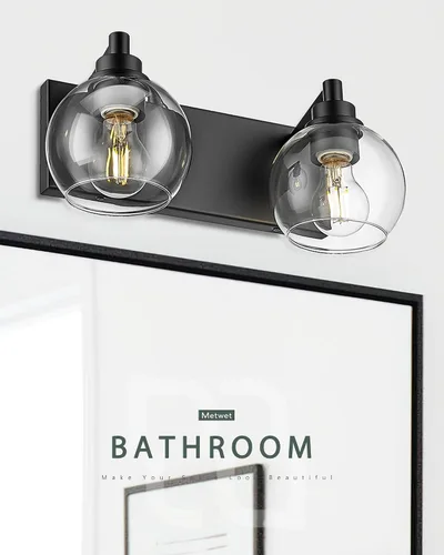 Miniatura 7 de Accesorios de iluminación de baño, luz de tocador mate negra de 2 luces, apliques de pared modernos con pantalla de globo de vidrio transparente