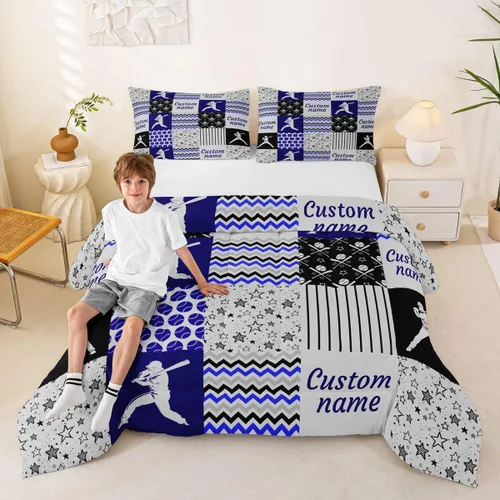 Miniatura 16 de Juego de edredón de softbol personalizado, juego de ropa de cama de retazos a cuadros para niños y niños, edredón de bate de béisbol, juego