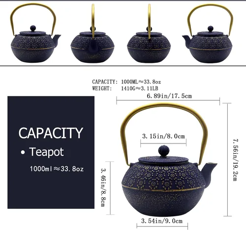 Miniatura 6 de Tetera pequeña de hierro fundido de 33.8 onzas para estufa, tetera japonesa Tetsubin recubierta con interior esmaltado, tetera duradera de hierro