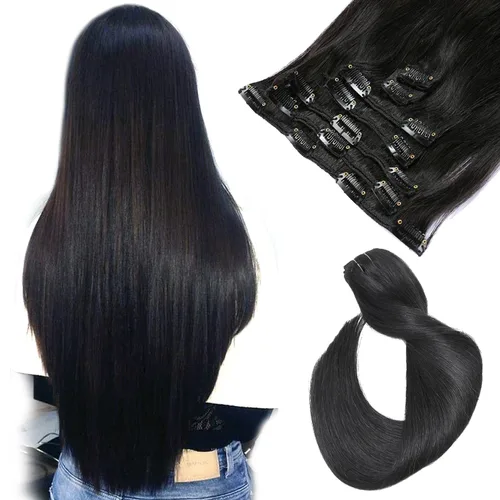 Miniatura 17 de Extensiones de cabello con clip Ubetta de cabello humano real, extensiones de cabello negro azabache con clip, 7 piezas, 70 g, extensiones