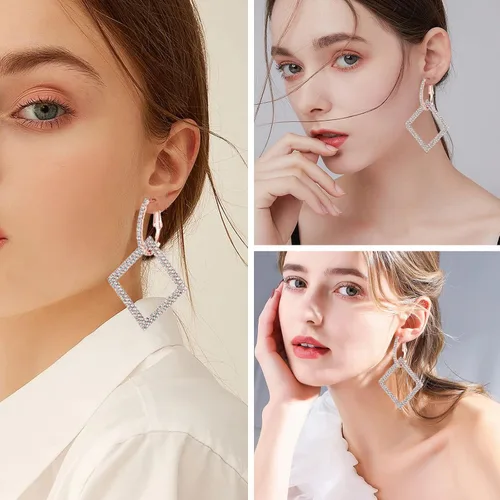 Miniatura 3 de KISZU Aretes de aro dorados plateados para mujer, delicados aretes colgantes cuadrados de diamantes de imitación de cristal para niñas, juego