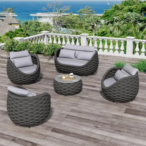 Miniatura 43 de Juego de muebles de patio de 4 piezas ensamblado, conjunto de sofá de conversación para exteriores de cuerda tejida a mano - Sofá de aluminio Cuerda