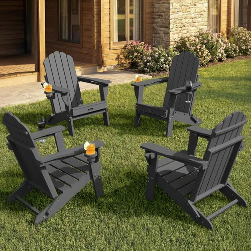 Miniatura 37 de Silla Adirondack plegable, silla Adirondack de HDPE con 2 soportes para tazas, sillas para fogatas al aire libre de fácil montaje para patio