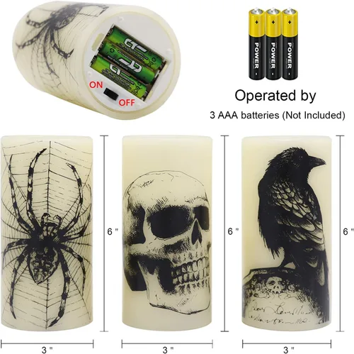 Miniatura 2 de Wondise Velas parpadeantes sin llama de Halloween con temporizador de 6 horas, velas LED de cera real que funcionan con pilas, juego de 3 velas