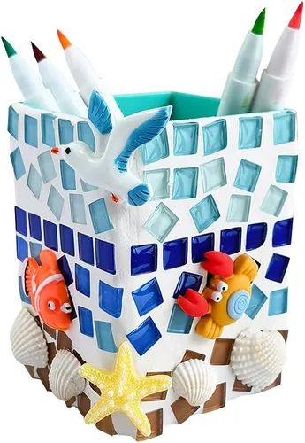 Soporte para bolígrafo de mosaico DIY, soporte para bolígrafo de bricolaje con temática oceánica, azulejos de mosaico de vidrio, conchas de