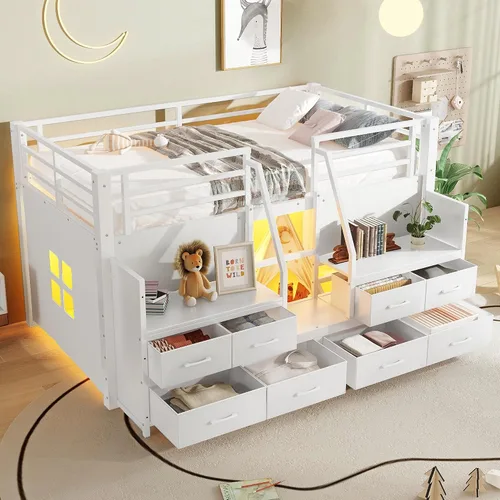 Miniatura 10 de Bellemave Twin Size Low Loft Bed with 8 Fabric Storage Drawers,Metal Loft Bed Frame with Shelves and LED Lights for Boys Girls,Kids Loft Bed Twin