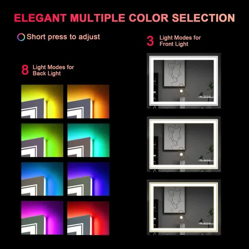 Miniatura 6 de Snowdool - Espejo LED para baño de 48"X36" con 8 luces RGB retroiluminadas + 3 luces frontales (ajustables individualmente), antiempañamiento, 3
