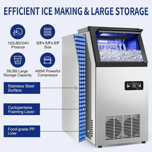 Miniatura 4 de Máquina comercial para hacer hielo de 120 libras/24 horas con capacidad de hielo de 35 libras, 45 cubos de hielo transparentes listos en 11-20