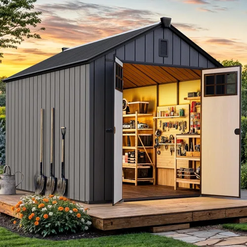 YITAHOME Cobertizo de almacenamiento para exteriores de 8 x 10 pies con suelo, cobertizo de jardín de plástico extra grueso para bicicletas,