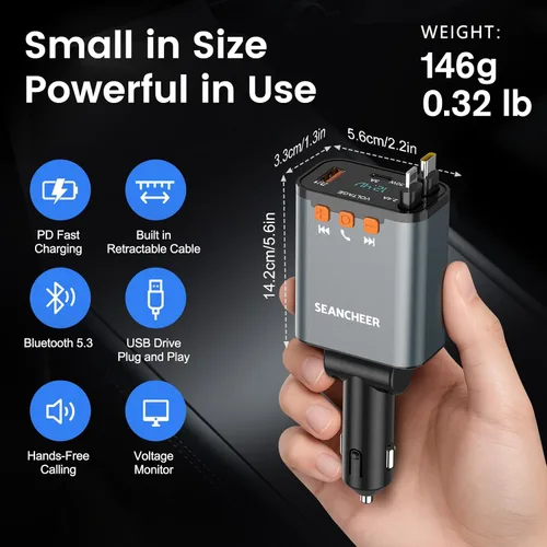 Miniatura 7 de SEANCHEER Adaptador Bluetooth para automóvil y cargador de automóvil USB C, adaptador de encendedor de cigarrillos de 69 W con 2 cables retráctiles
