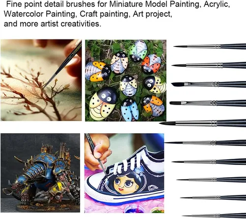 Miniatura 2 de Transon Juego de 10 pinceles pequeños para pintar detalles de miniaturas y modelos en acrílico, acuarela, gouache, tinta, témpera y pintura corporal