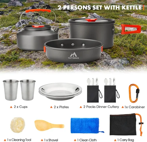 Miniatura 4 de THTYBROS 17pcs Camping Cookware Kit, 0.45Gal Pot, 7inches Pan,0.30Gal Kettle Set with 2 Set Stainless Steel Cups Plates Forks Knives Spoons for
