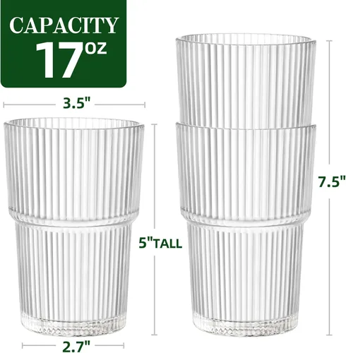 Miniatura 4 de REALWAY - Vasos de plástico acanalados de 17 onzas, vasos acrílicos irrompibles para beber, transparentes, reutilizables, aptos para lavavajillas