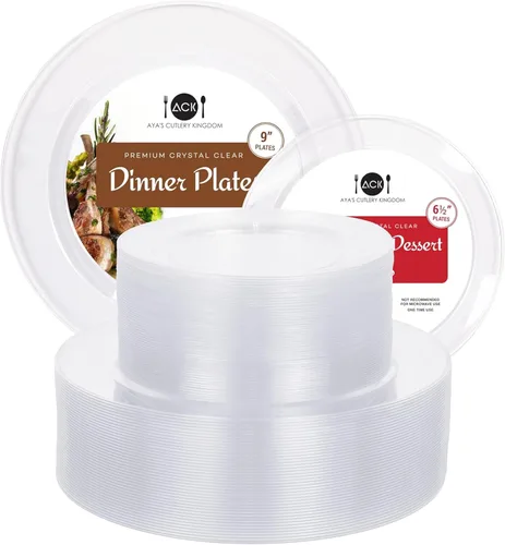 Aya's Cutlery Kingdom 100 platos de plástico transparente para fiestas, juego de 50 platos desechables resistentes para cena y 50 platos de postre,