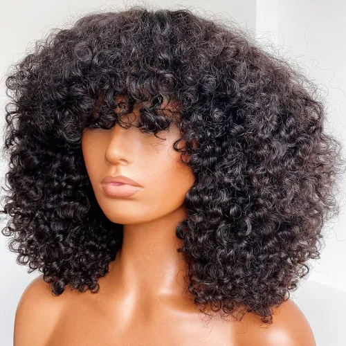 Peluca de cabello humano rizado rizado con flequillo completo hecho a máquina cuero cabelludo peluca superior 200 densidad Remy peruano pelucas