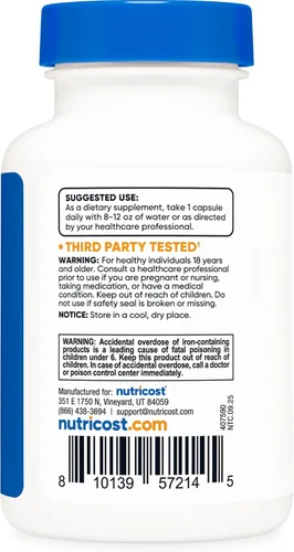 Miniatura 4 de Nutricost Suplemento de bisglicinato de hierro (25 mg) 120 cápsulas - de quelato de bisglicinato ferroso - Sin OMG y sin gluten