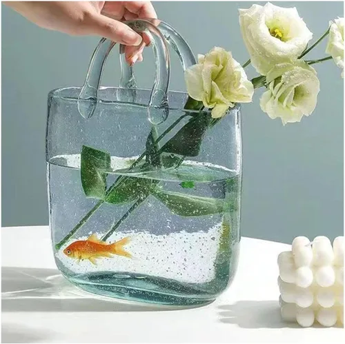 Clear Glass Vase, Hand Blown Glass Vase Purse Glass Tote Bag Vase Handbag Vases for Flowers, Modern Farmhouse Decor,Style1-Blue