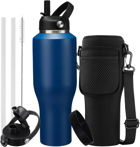 Miniatura 14 de Botella de agua de acero inoxidable de 32 onzas, frío-48 horas y caliente-24 horas, termo con popote y tapas de boquilla, bolsa, botella aislada al