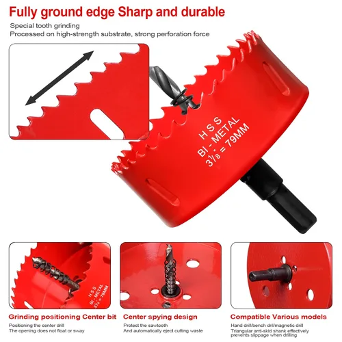 Miniatura 5 de Sierra perforadora de 3 1/8 pulgadas (3.110 in) para madera y plástico, broca de núcleo de cortador de agujeros bimetálico HSS para paneles de yeso