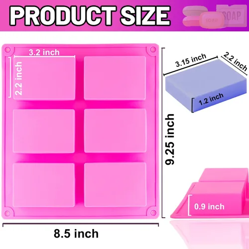 Miniatura 6 de LERYKIN Paquete de 2 moldes de silicona para jabón, 6 cavidades rectangulares de silicona, ideales para moldes de jabón caseros, molde de chocolate