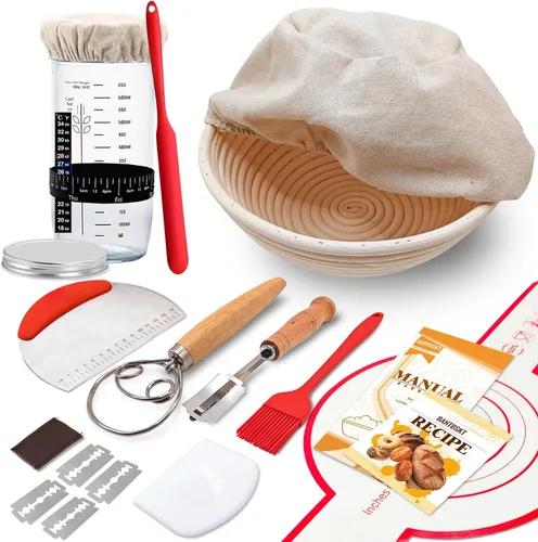 Kit completo de iniciador de masa madre, canasta de fermentación de pan Banneton con frasco de vidrio para iniciador de masa madre, suministros para